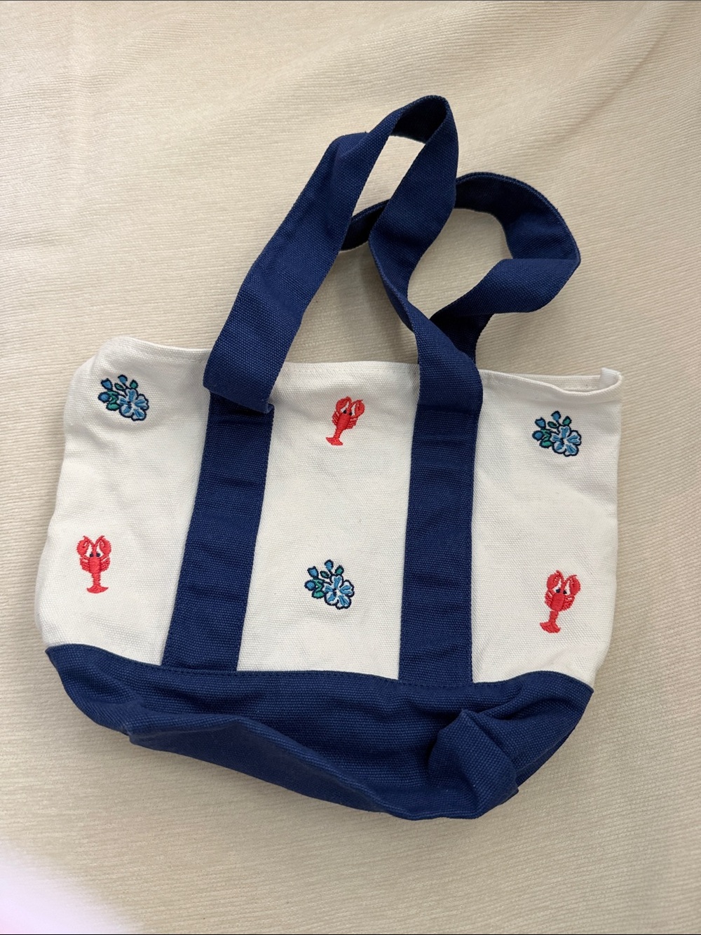 Janie and Jack White Canvas Tote with Navy Straps and Embroidered Red Lobsters
